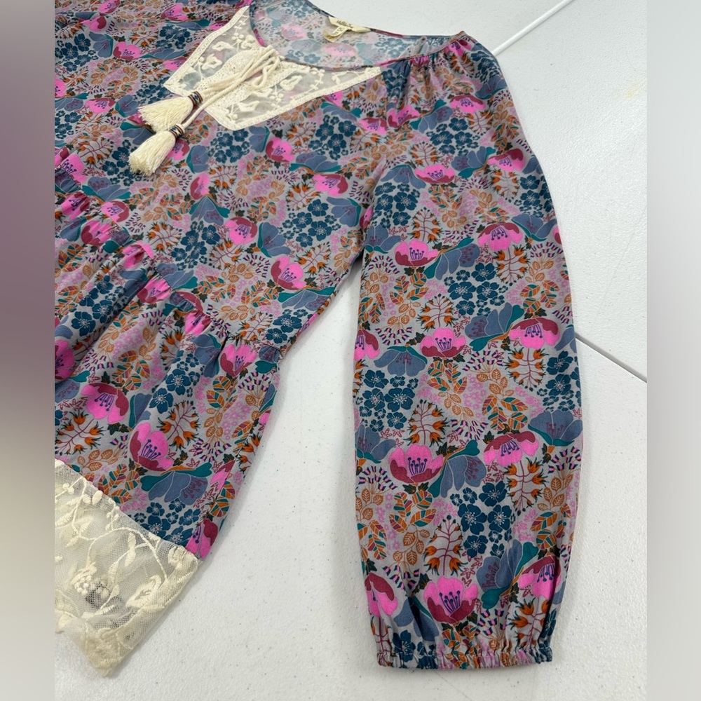 Matilda Jane Sew Perfect Floral Peasant Blouse Lace Tassel Boho Cottage Top L - Picture 7 of 10